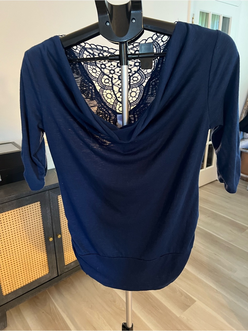 No Boundaries Navy Lace-Back Drape Neck Top